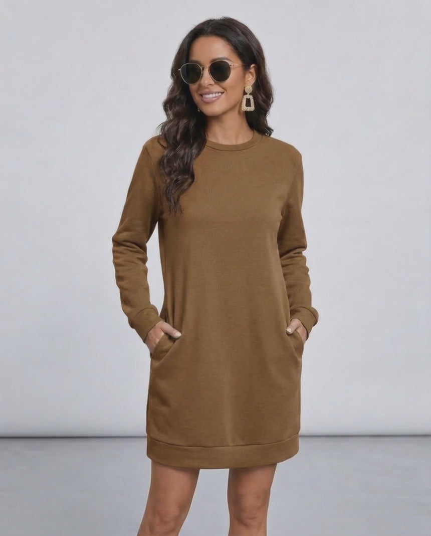 Sienna Mini Dress by Lauven, a casual brown sweatshirt dress with pockets and relaxed fit.