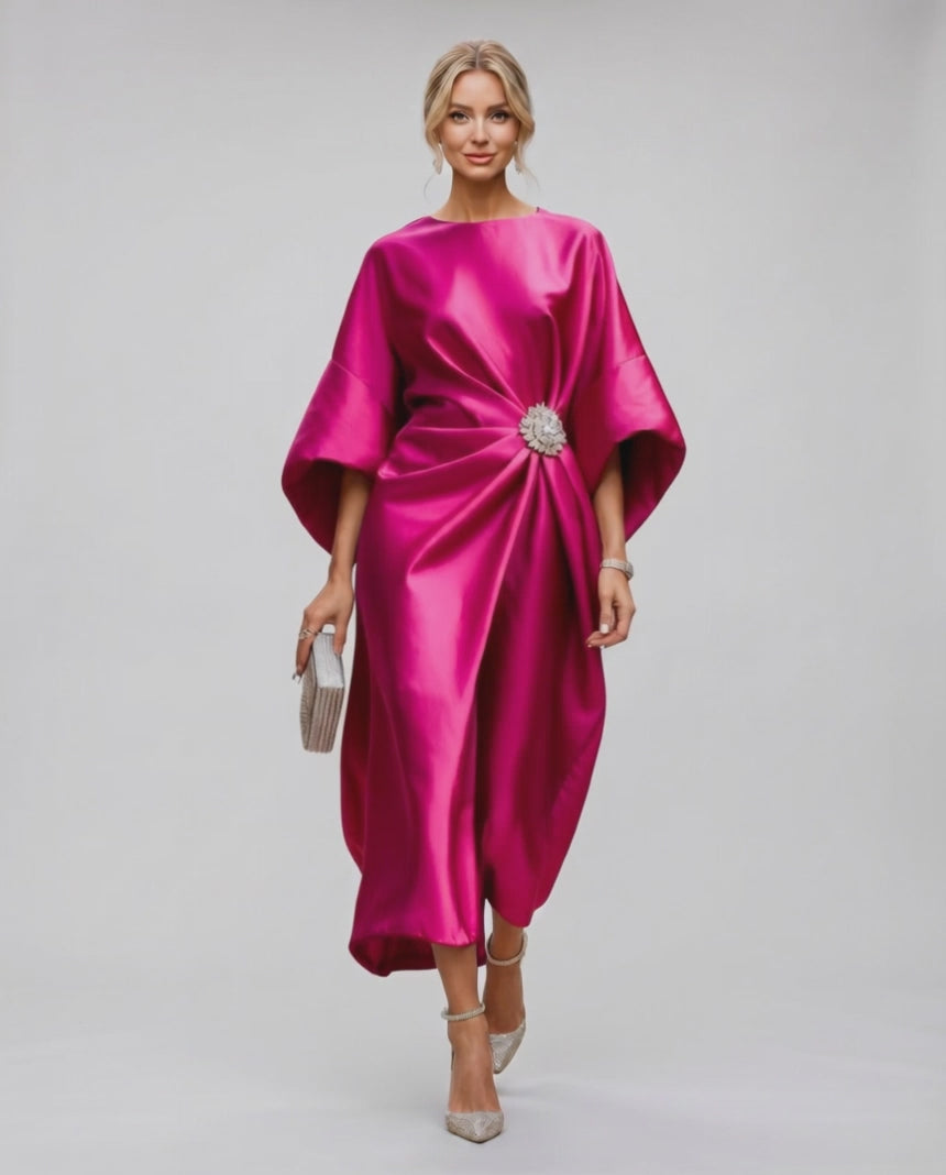 Seralyn Midi Dress by Lauven — satin kimono sleeve boat neck draped midi dress