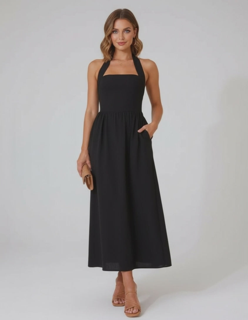 Elara Midi Dress - Elegant black halter midi dress with A-line silhouette for refined modern style by Lauven.