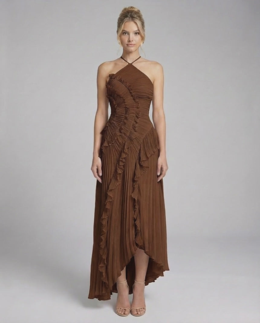 Sable Maxi Dress by Lauven in rich chocolate color featuring pleated chiffon and ruffle details.