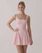 Aurora Mini Dress by Lauven — white, black and pink mini dress, strapless, A-line