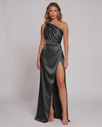 Veloura Maxi Dress by Lauven — satin one-shoulder mermaid maxi dress with slit