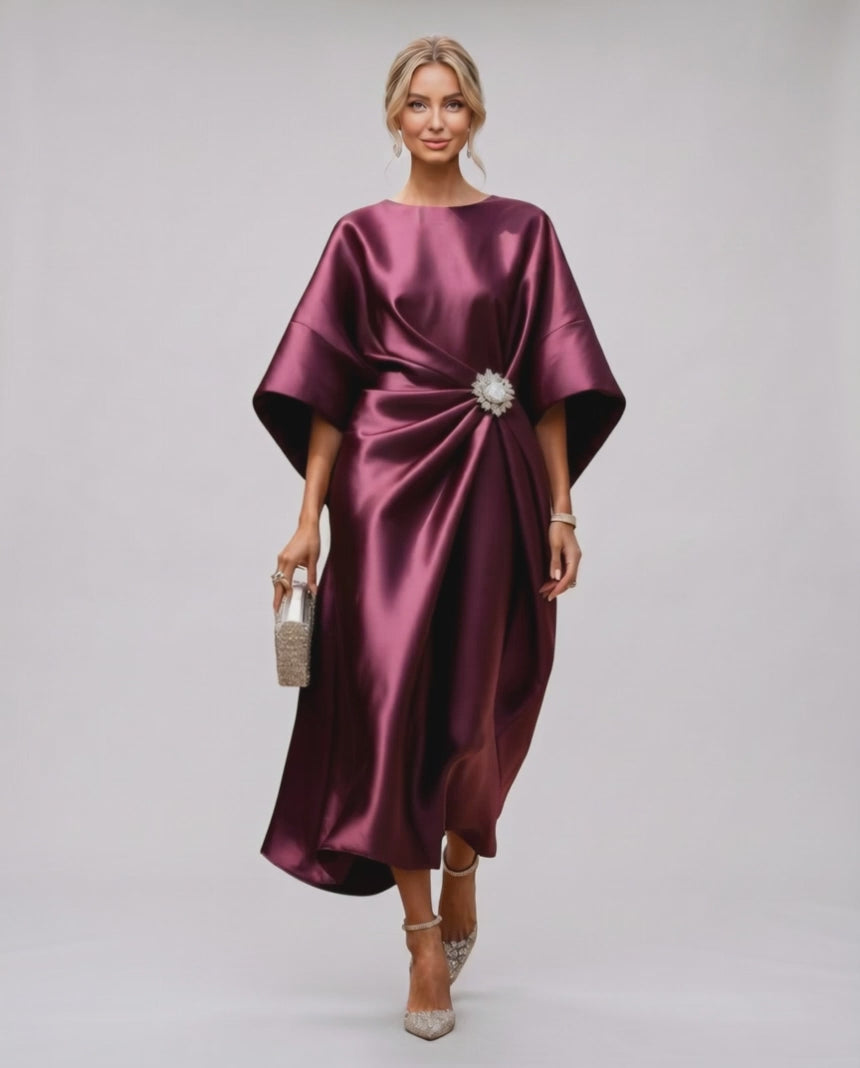 Seralyn Midi Dress by Lauven — satin kimono sleeve boat neck draped midi dress