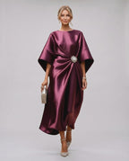 Seralyn Midi Dress by Lauven — satin kimono sleeve boat neck draped midi dress