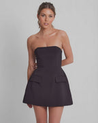 Vesper Mini Dress: Strapless A-Line silhouette in rich midnight navy, featuring a sculpted bodice and flared skirt by Lauven.