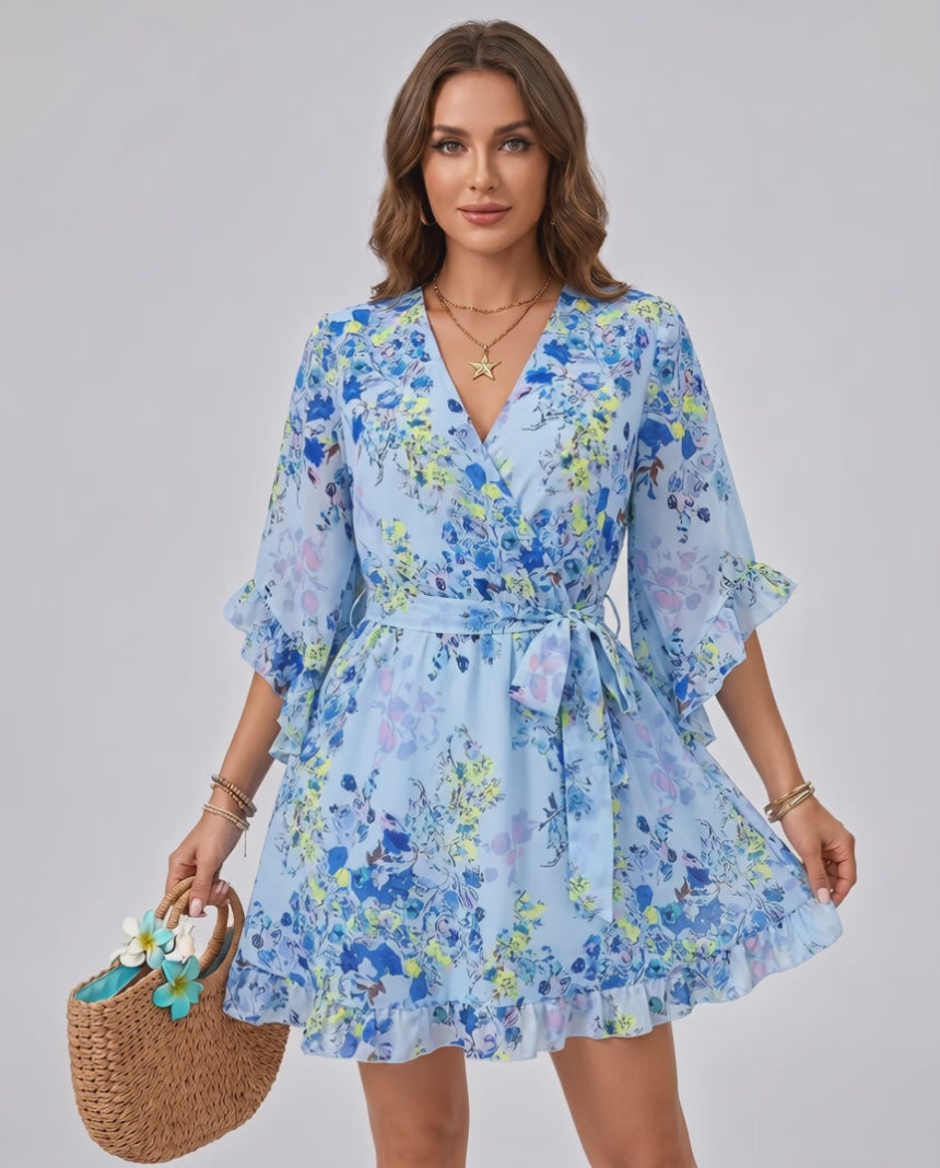 Florisse Mini Dress by Lauven — chiffon long flare sleeve V-neck A-line mini dress