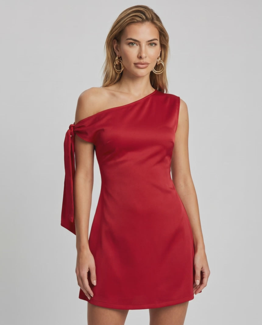 Veloura Mini Dress in red satin, featuring asymmetric neckline and A-line silhouette by Lauven.