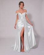 Veloura Maxi Dress by Lauven — satin off-shoulder sweetheart mermaid maxi dress