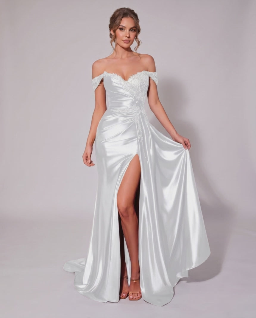 Veloura Maxi Dress by Lauven — satin off-shoulder sweetheart mermaid maxi dress