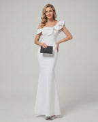 Velmora Maxi Dress with off-shoulder neckline and asymmetrical ruffle, by Lauven, offers a structured fit and elegant style.
