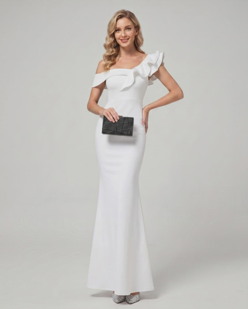 Velmora Maxi Dress with off-shoulder neckline and asymmetrical ruffle, by Lauven, offers a structured fit and elegant style.