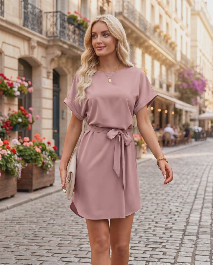 Elara Mini Dress in soft woven fabric, round neckline with self-tie waist belt, created by Lauven, offering a polished look.