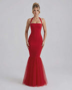 Valencia Maxi Dress featuring a red bodycon silhouette, halter neck, and tulle hem, by Lauven.