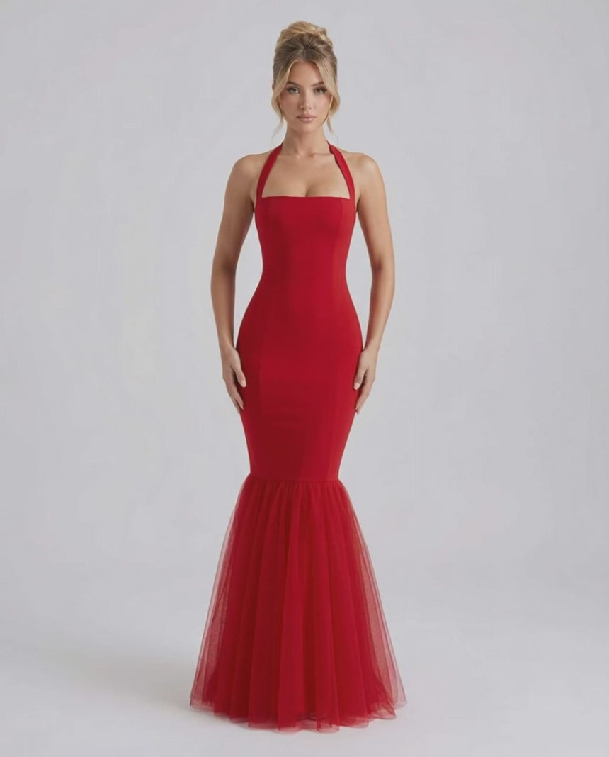 Valencia Maxi Dress featuring a red bodycon silhouette, halter neck, and tulle hem, by Lauven.