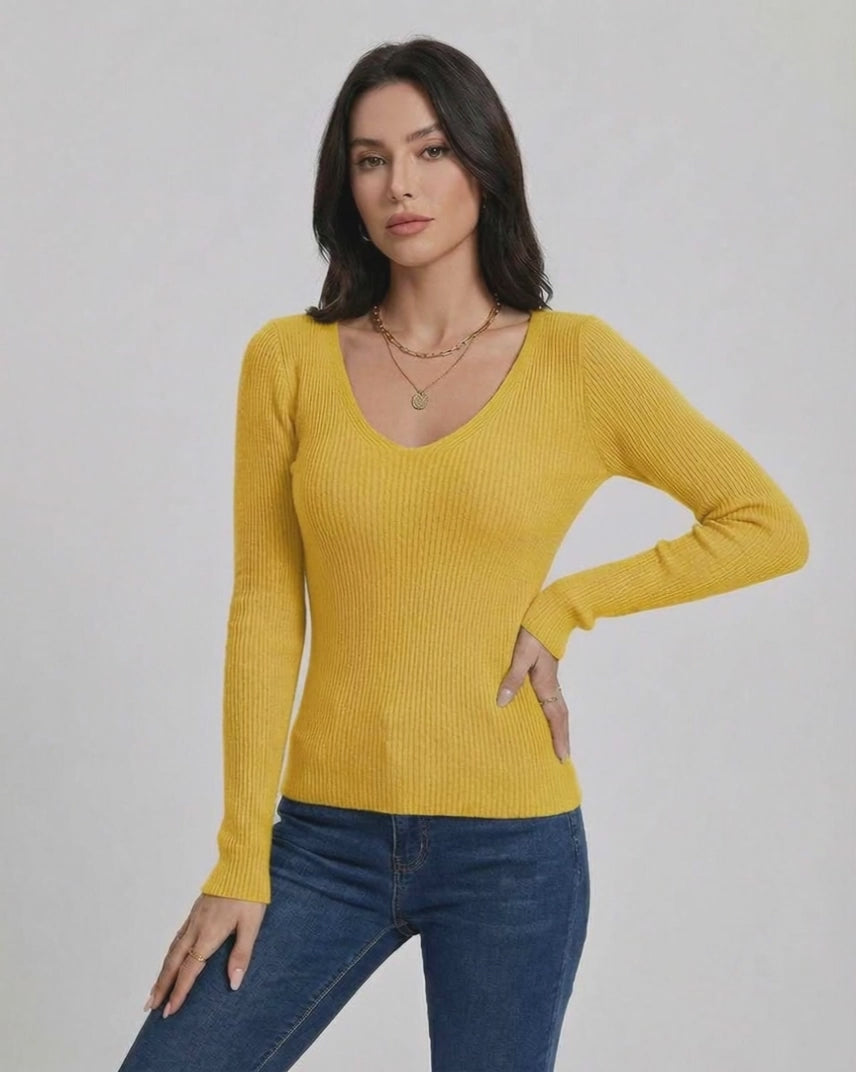 Sunbeam Pullover by Lauven - Women's vibrant V-neck pullover sweater in yellow with slim fit and long sleeves.