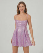 Amara Mini Dress by Lauven in lilac with sequined A-line design and spaghetti straps.