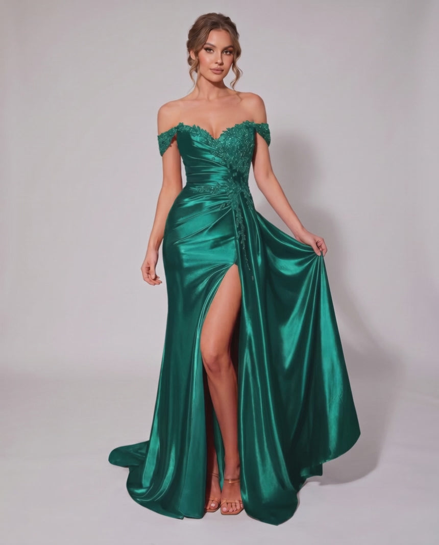 Veloura Maxi Dress by Lauven — satin off-shoulder sweetheart mermaid maxi dress