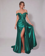 Veloura Maxi Dress by Lauven — satin off-shoulder sweetheart mermaid maxi dress