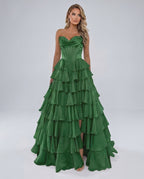 Seraphine Maxi Dress by Lauven — satin chiffon sleeveless sweetheart tiered A-line maxi dress