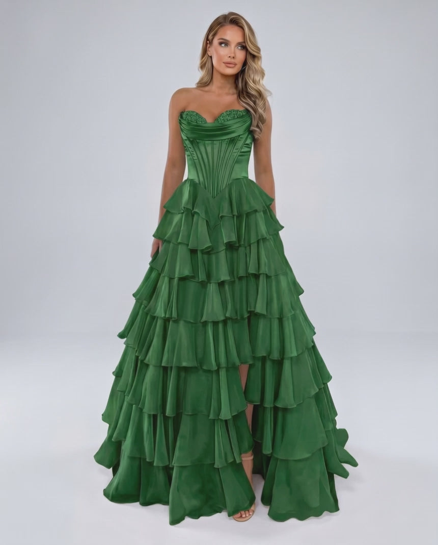 Seraphine Maxi Dress by Lauven — satin chiffon sleeveless sweetheart tiered A-line maxi dress
