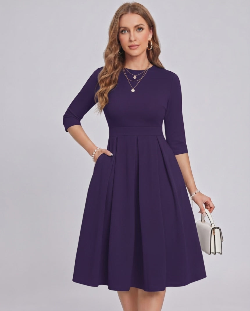 Aurielle Midi Dress by Lauven — polyester blend 3/4 sleeve crew neck A-line midi dress