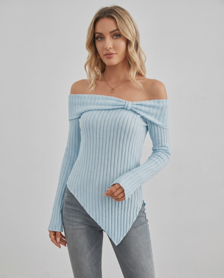 Veloura Long Sleeve Top by Lauven — women’s ribbed off shoulder long sleeve top with asymmetrical hem