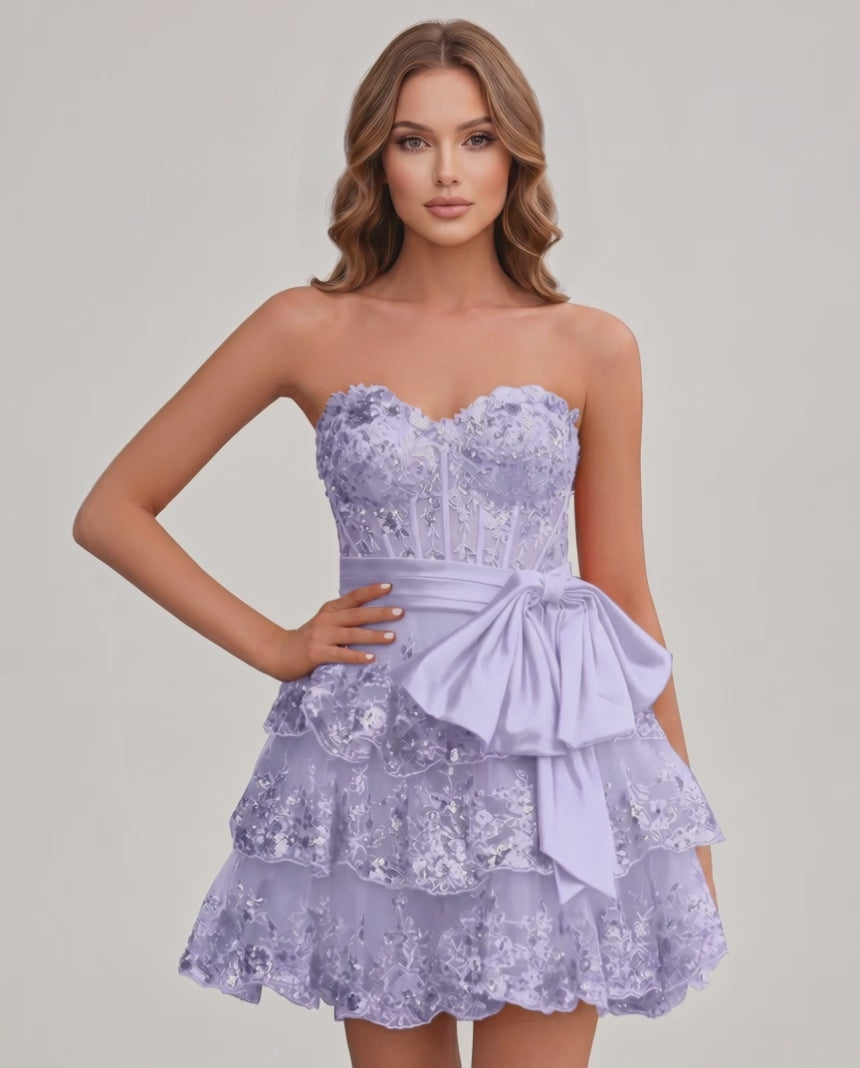 Veloura Mini Dress by Lauven — lace appliqué strapless sweetheart tiered mini dress