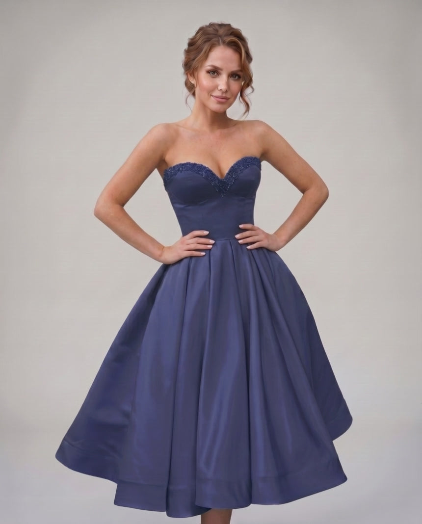 Veloura Midi Dress by Lauven — satin strapless sweetheart A-line midi dress