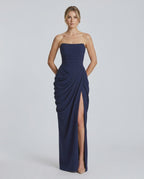 Aurelia Maxi Dress by Lauven — satin strapless maxi dress with draped silhouette and high slit