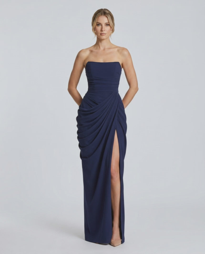 Aurelia Maxi Dress by Lauven — satin strapless maxi dress with draped silhouette and high slit