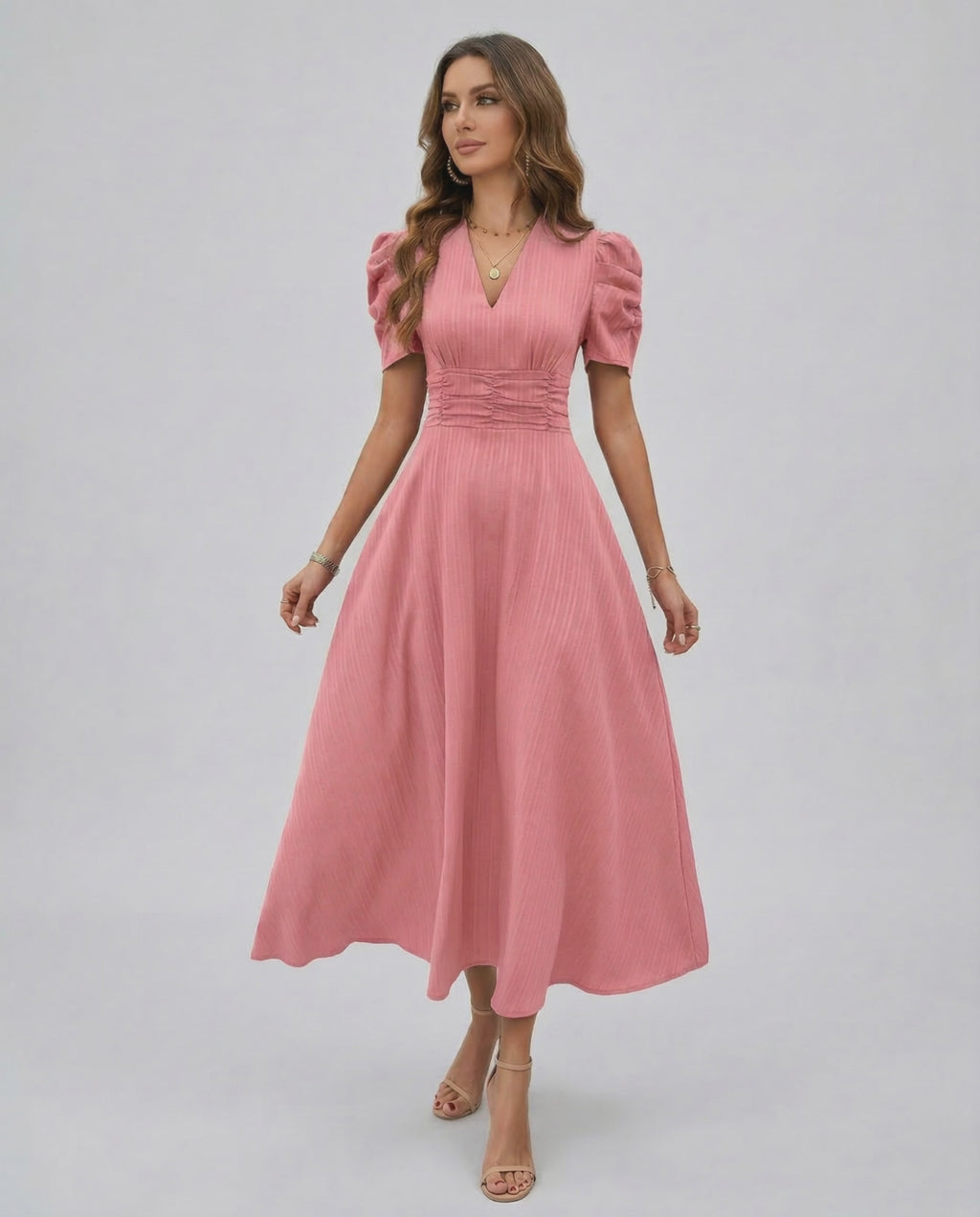 Elara Midi Dress in soft pink with V-neckline, puffed sleeves, and cinched waist by Lauven for elegant occasions.