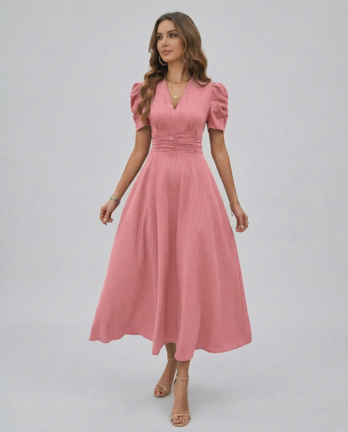 Elara Midi Dress in soft pink with V-neckline, puffed sleeves, and cinched waist by Lauven for elegant occasions.