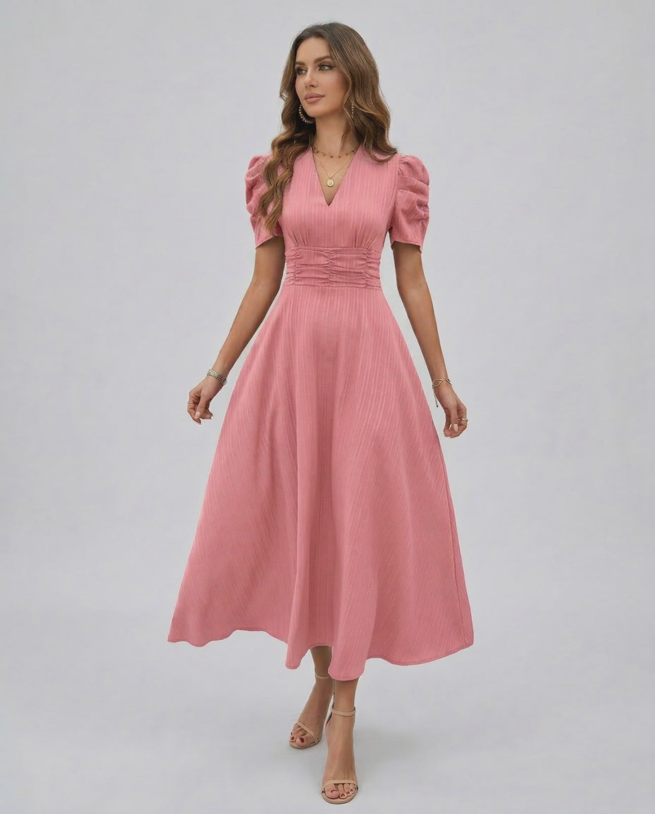 Elara Midi Dress in soft pink with V-neckline, puffed sleeves, and cinched waist by Lauven for elegant occasions.