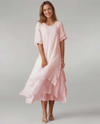 Aurelia Midi Dress by Lauven — lightweight short sleeve round neck layered midi dress