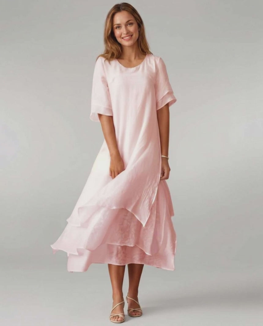 Aurelia Midi Dress by Lauven — lightweight short sleeve round neck layered midi dress