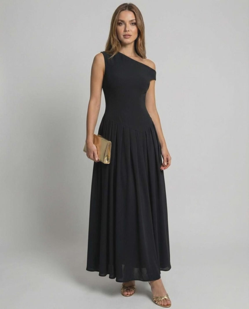 Monaco Maxi Dress black one shoulder A-line silhouette by Lauven, offering elegant style and refined movement.