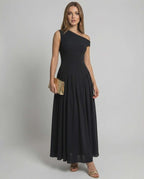 Monaco Maxi Dress black one shoulder A-line silhouette by Lauven, offering elegant style and refined movement.