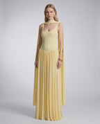 Aurelia Maxi Dress by Lauven — polyester sleeveless scoop neck fit and flare maxi dress with pleated skirt and scarf detail