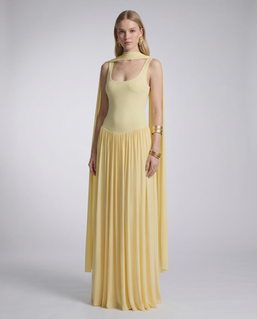 Aurelia Maxi Dress by Lauven — polyester sleeveless scoop neck fit and flare maxi dress with pleated skirt and scarf detail
