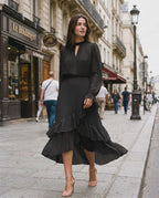Elara Midi Dress by Lauven — chiffon long sleeve keyhole neck A-line pleated midi dress
