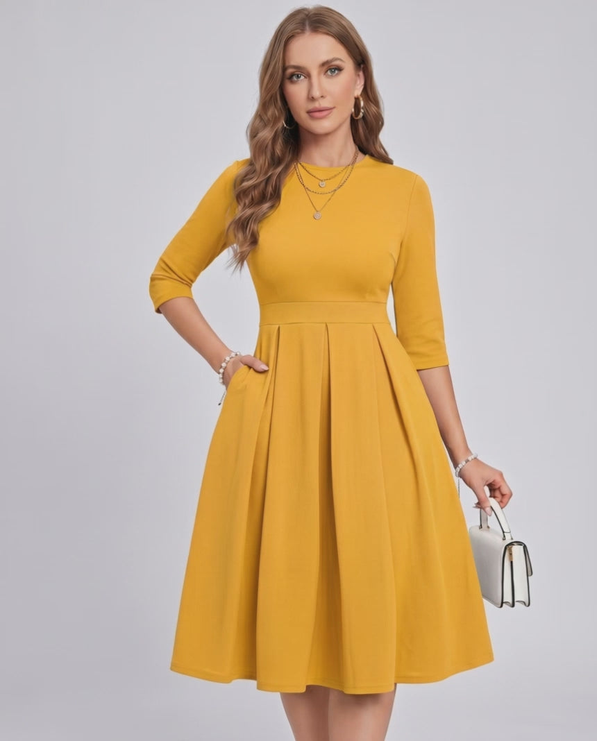Aurielle Midi Dress by Lauven — polyester blend 3/4 sleeve crew neck A-line midi dress