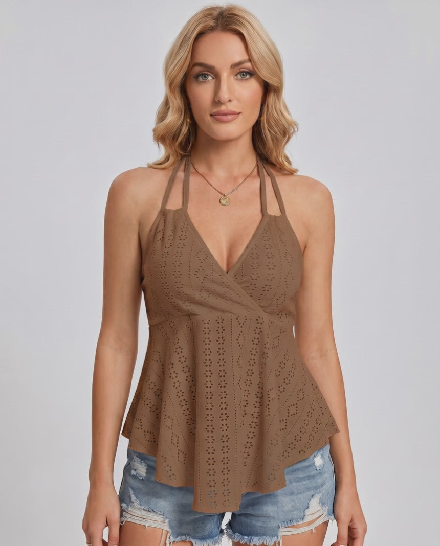 Solvane Top by Lauven — women’s eyelet halter top with flowy fit