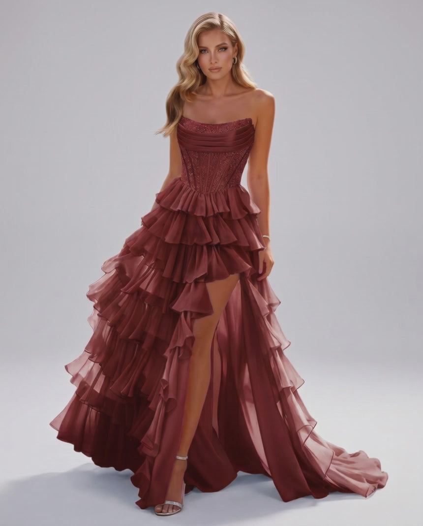 Celestia Maxi Dress by Lauven — organza strapless corset tiered maxi dress