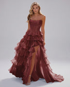 Celestia Maxi Dress by Lauven — organza strapless corset tiered maxi dress