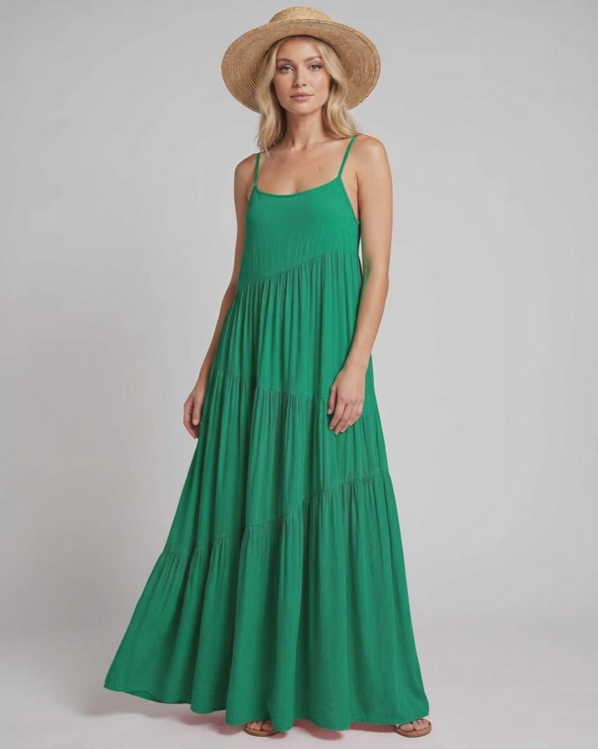 Solenne Maxi Dress by Lauven — rayon blend sleeveless scoop neck tiered A-line maxi dress