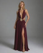 Valencia Maxi Dress by Lauven, burgundy dress with V-Neck and metal embellishment, elegant and stylish.