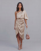 Veloura Midi Dress by Lauven — satin one shoulder draped midi dress with slit