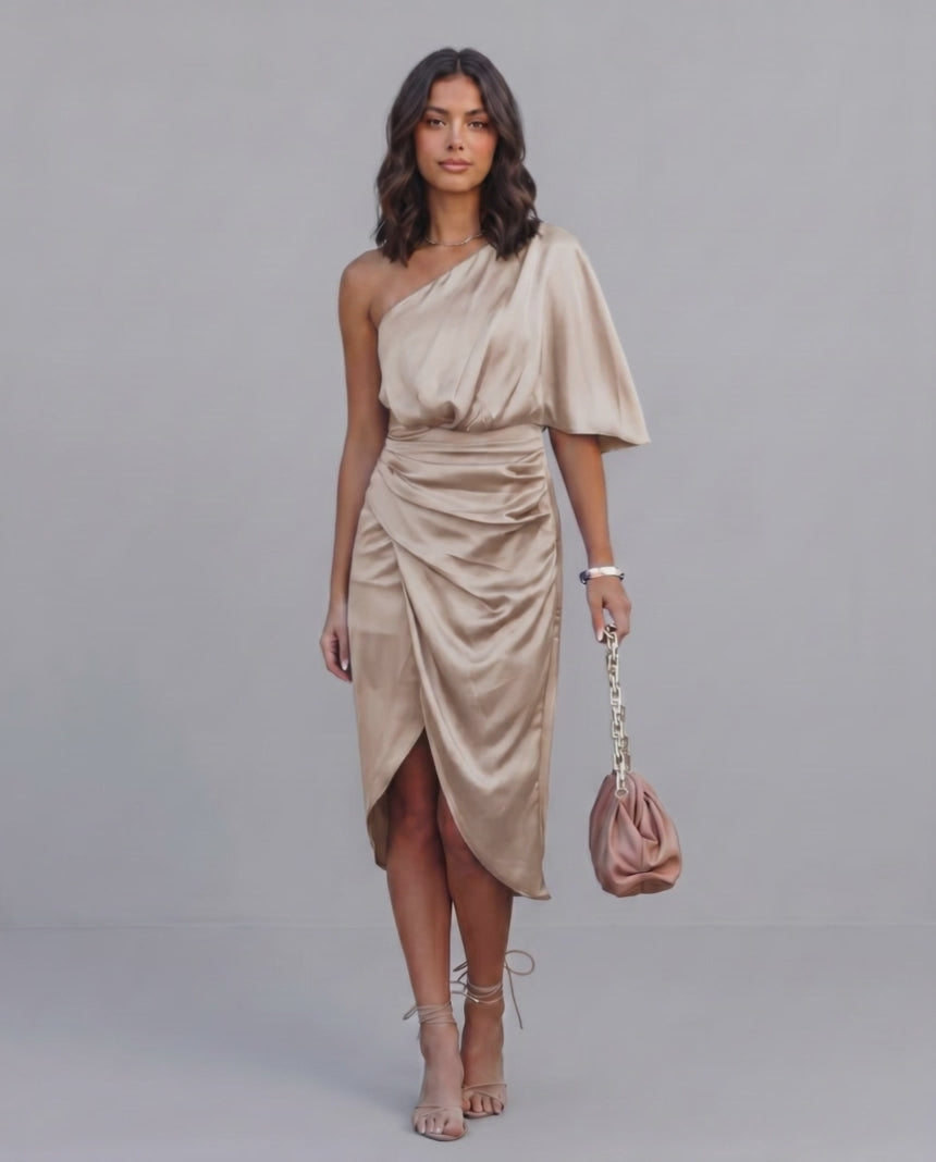 Veloura Midi Dress by Lauven — satin one shoulder draped midi dress with slit