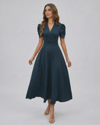 Orion Midi Dress in dark teal, featuring V-neckline, puff sleeves, cinched waist for timeless elegance by Lauven.