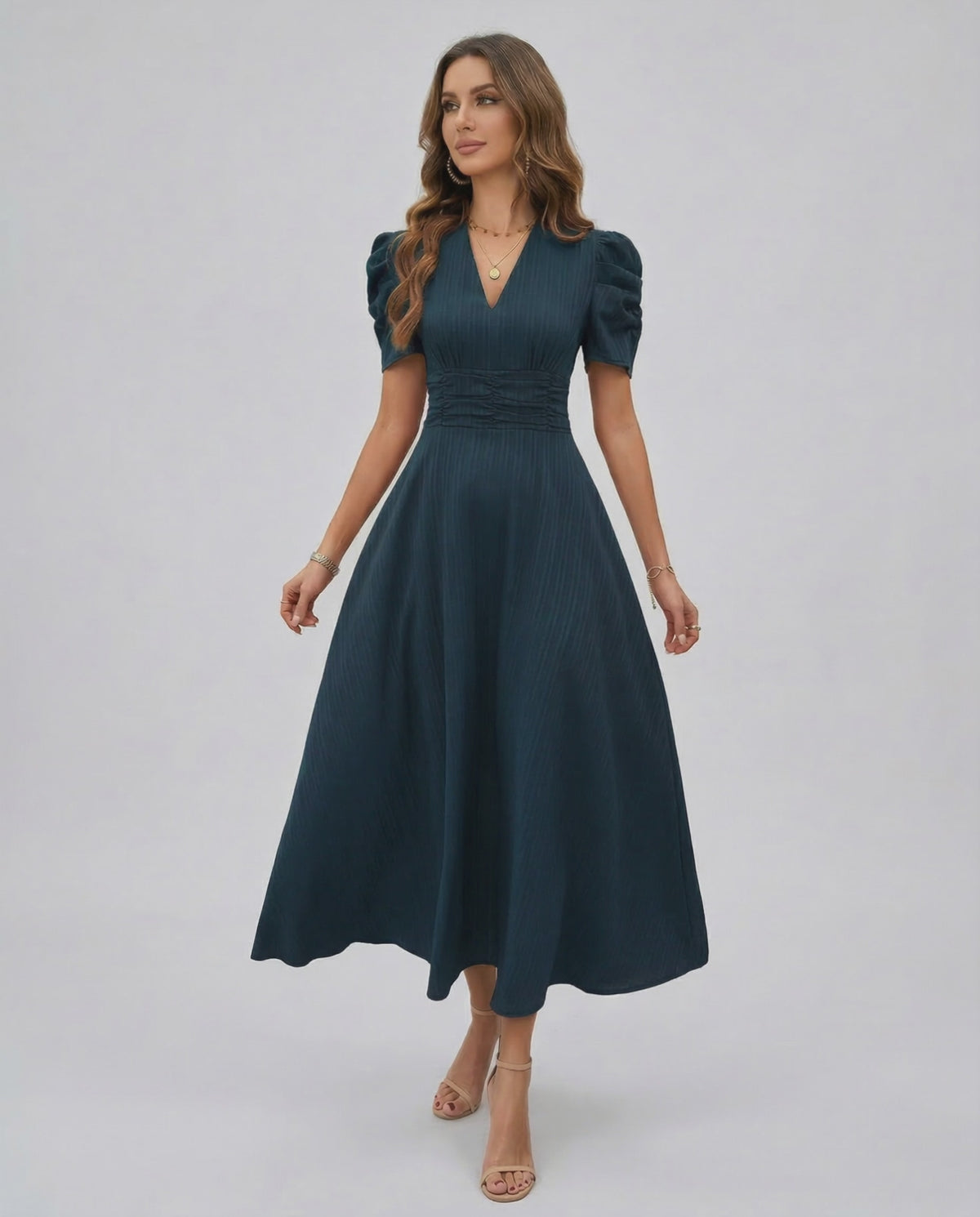 Orion Midi Dress in dark teal, featuring V-neckline, puff sleeves, cinched waist for timeless elegance by Lauven.
